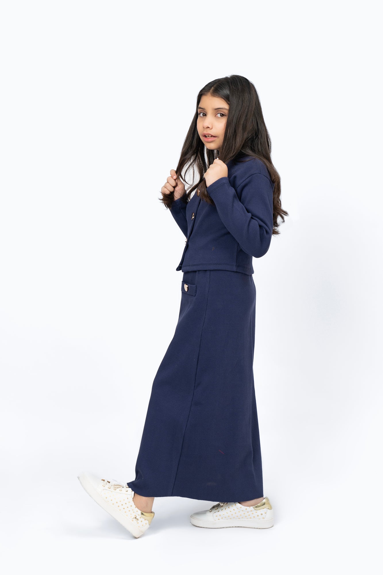 Girls Knit Skirt with Golden Button - Navy Blue