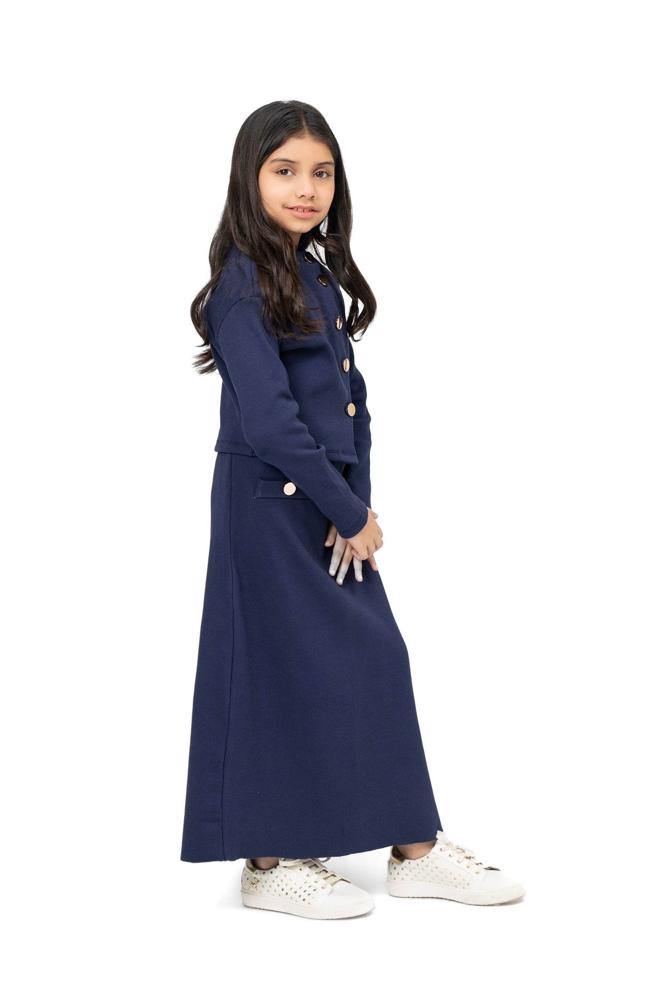Girls Cropped Knit Top with Golden Button - Navy Blue