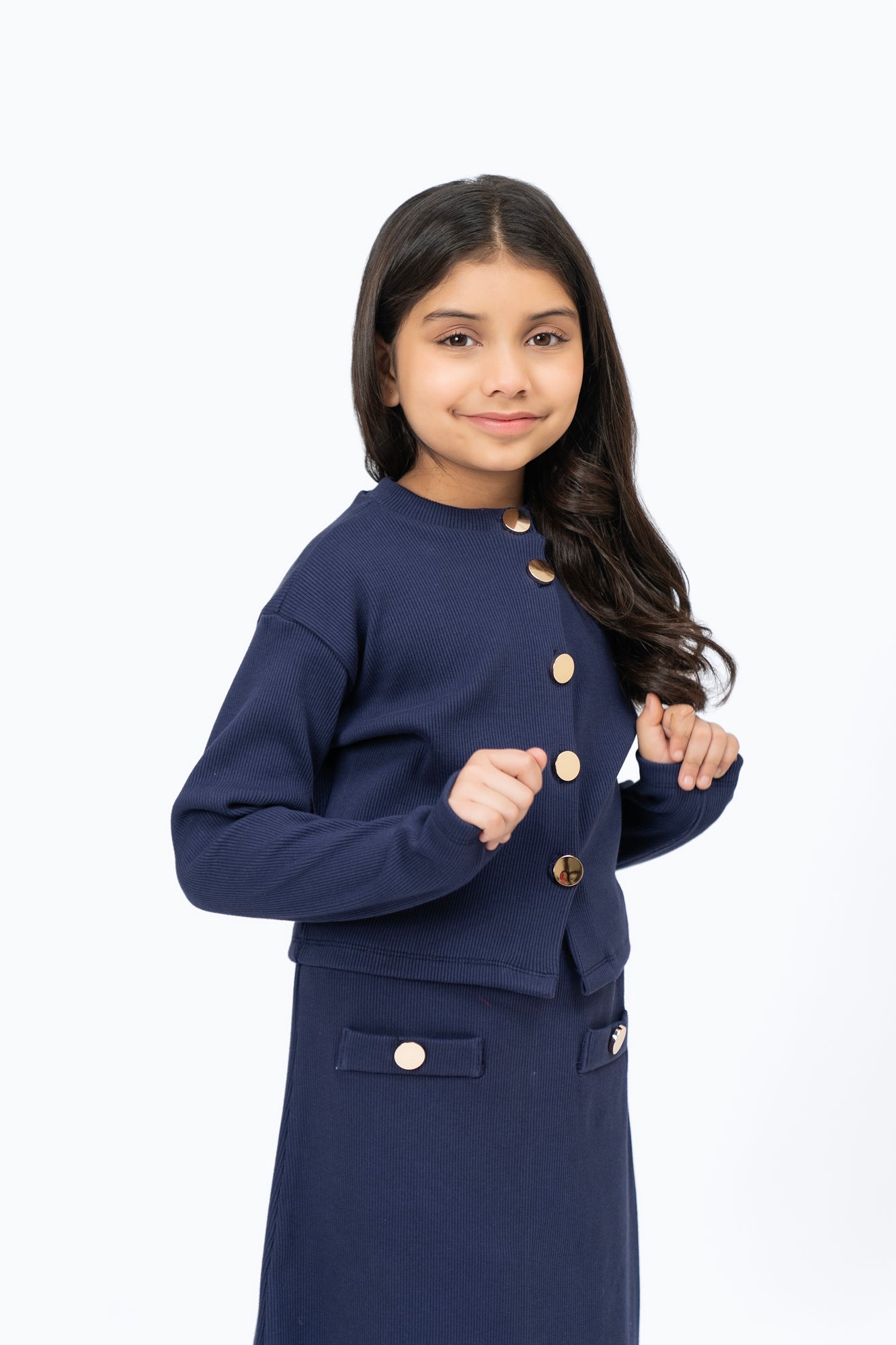 Girls Cropped Knit Top with Golden Button - Navy Blue