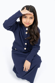 Girls Knit Skirt with Golden Button - Navy Blue