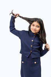 Girls Cropped Knit Top with Golden Button - Navy Blue