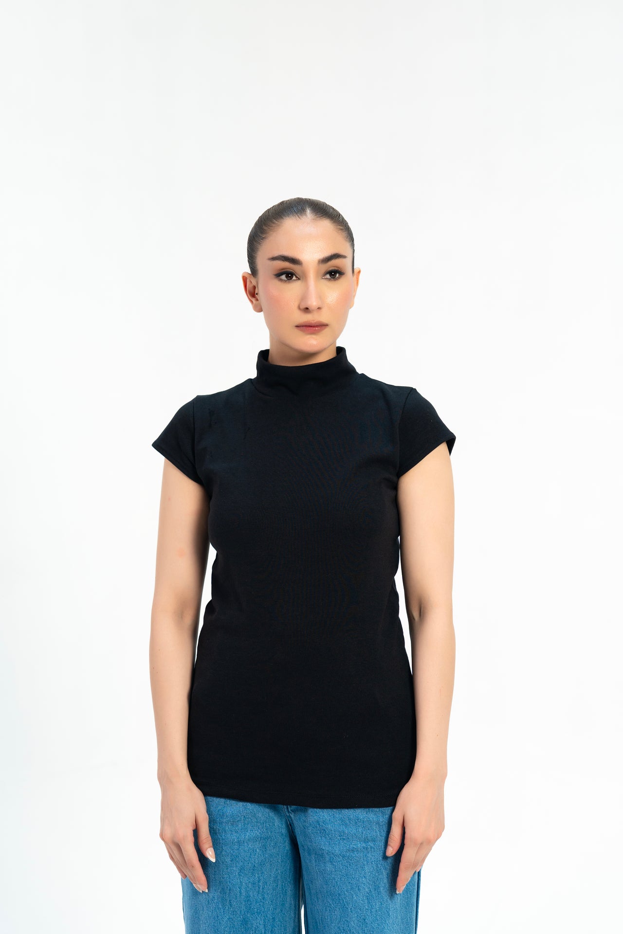 Rib High Neck Top - Black