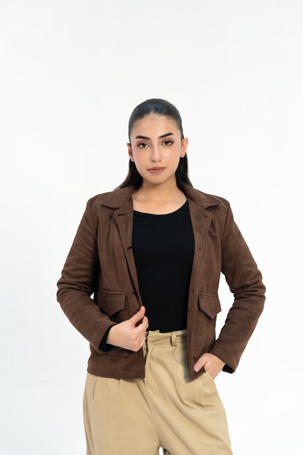 Suede Jacket with Patch Pocket - Chocolate Brown