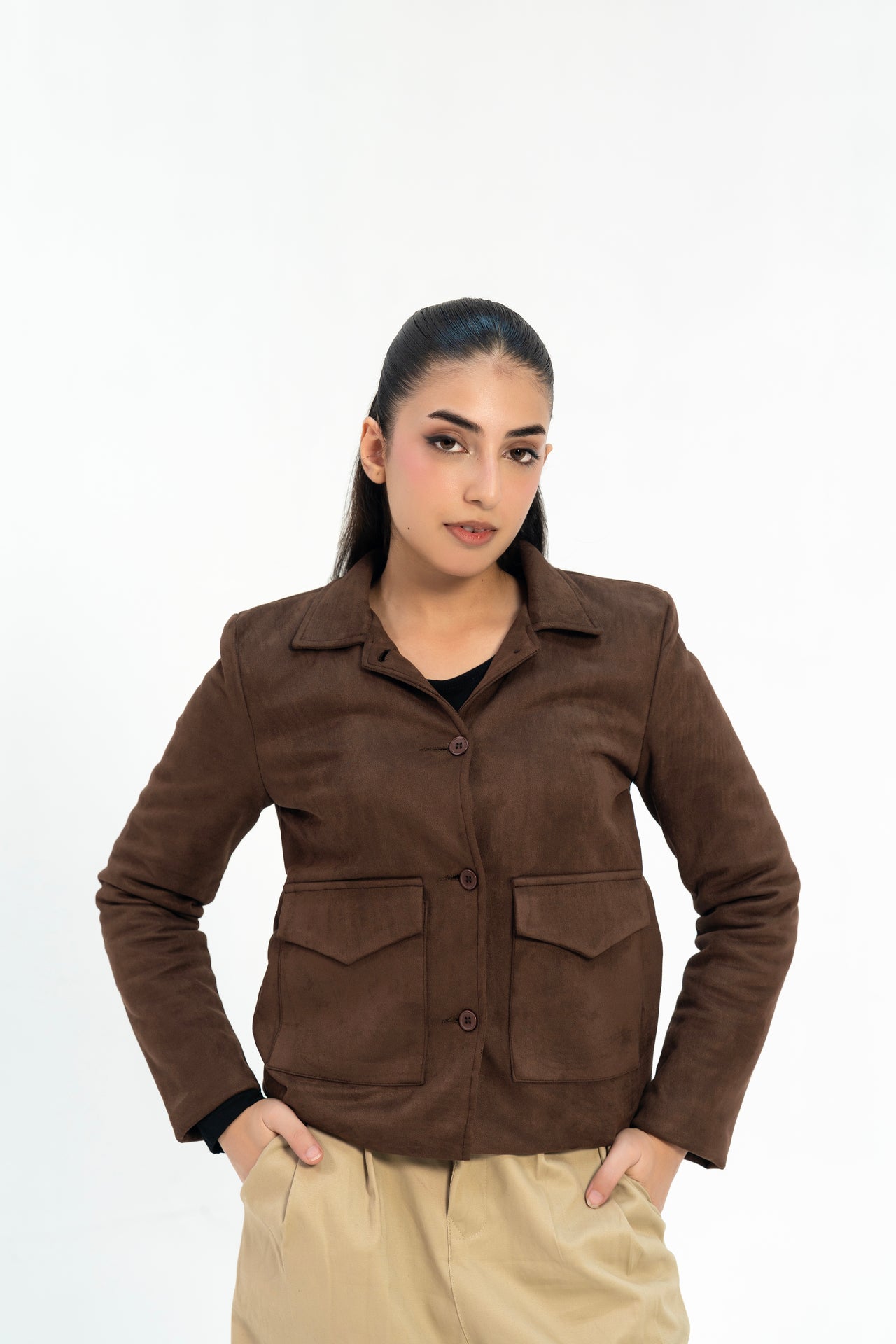 Suede Jacket with Patch Pocket - Chocolate Brown
