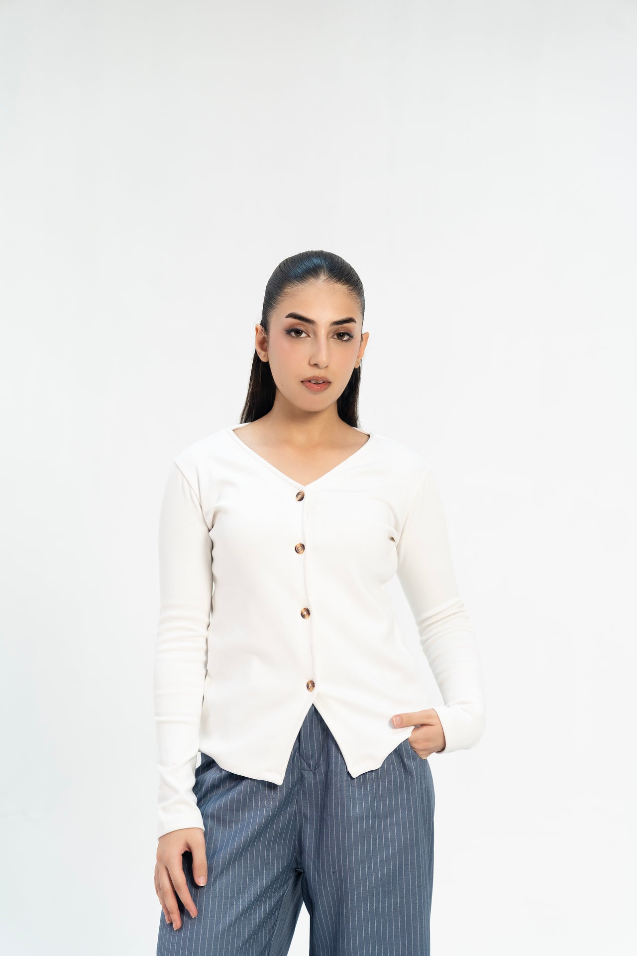 Ribbed V Neck Top - White