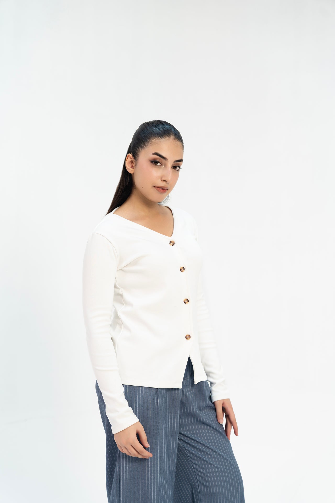 Ribbed V Neck Top - White