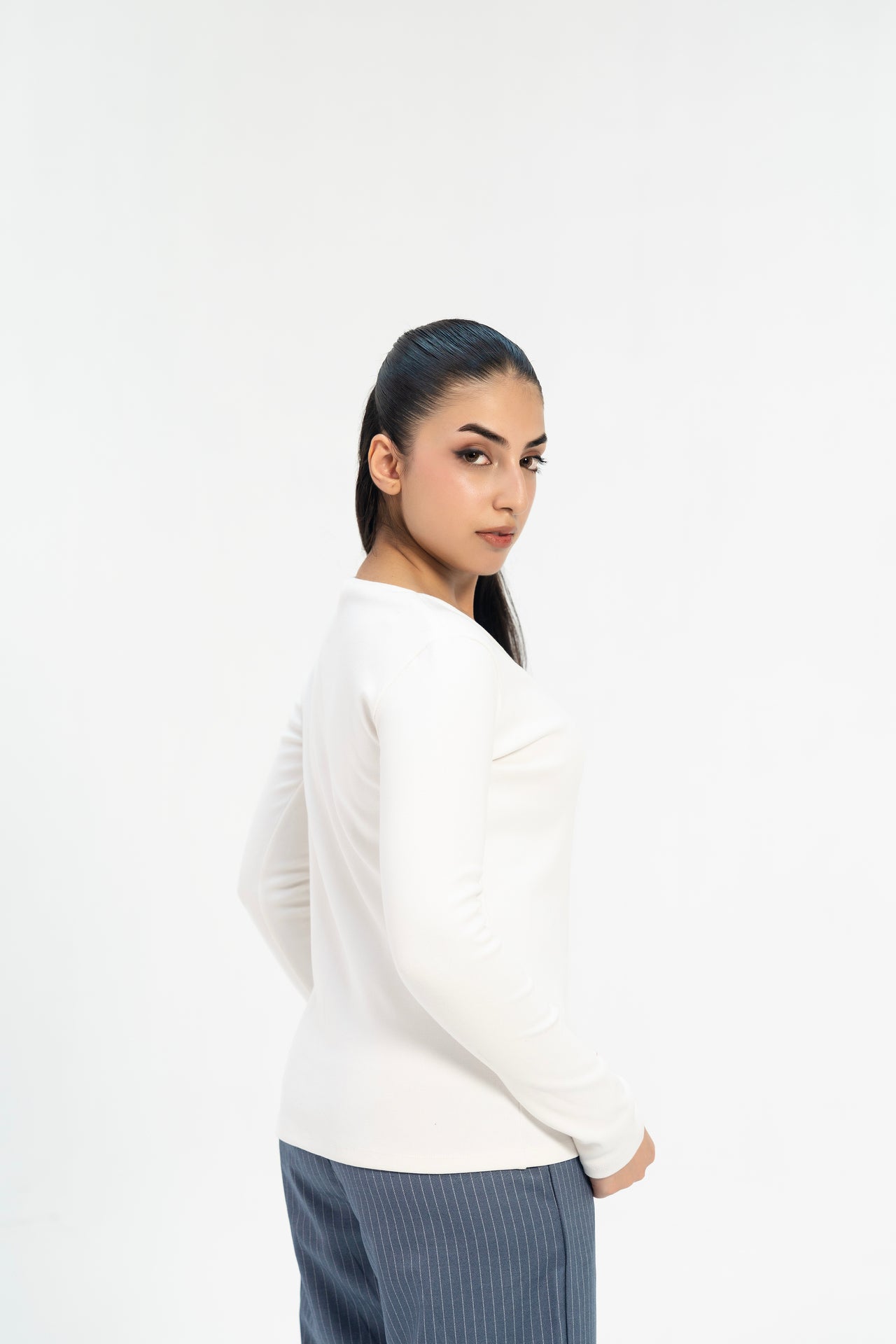 Ribbed V Neck Top - White