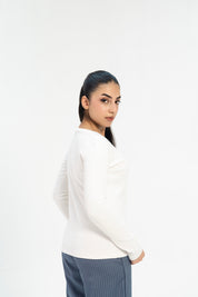 Ribbed V Neck Top - White