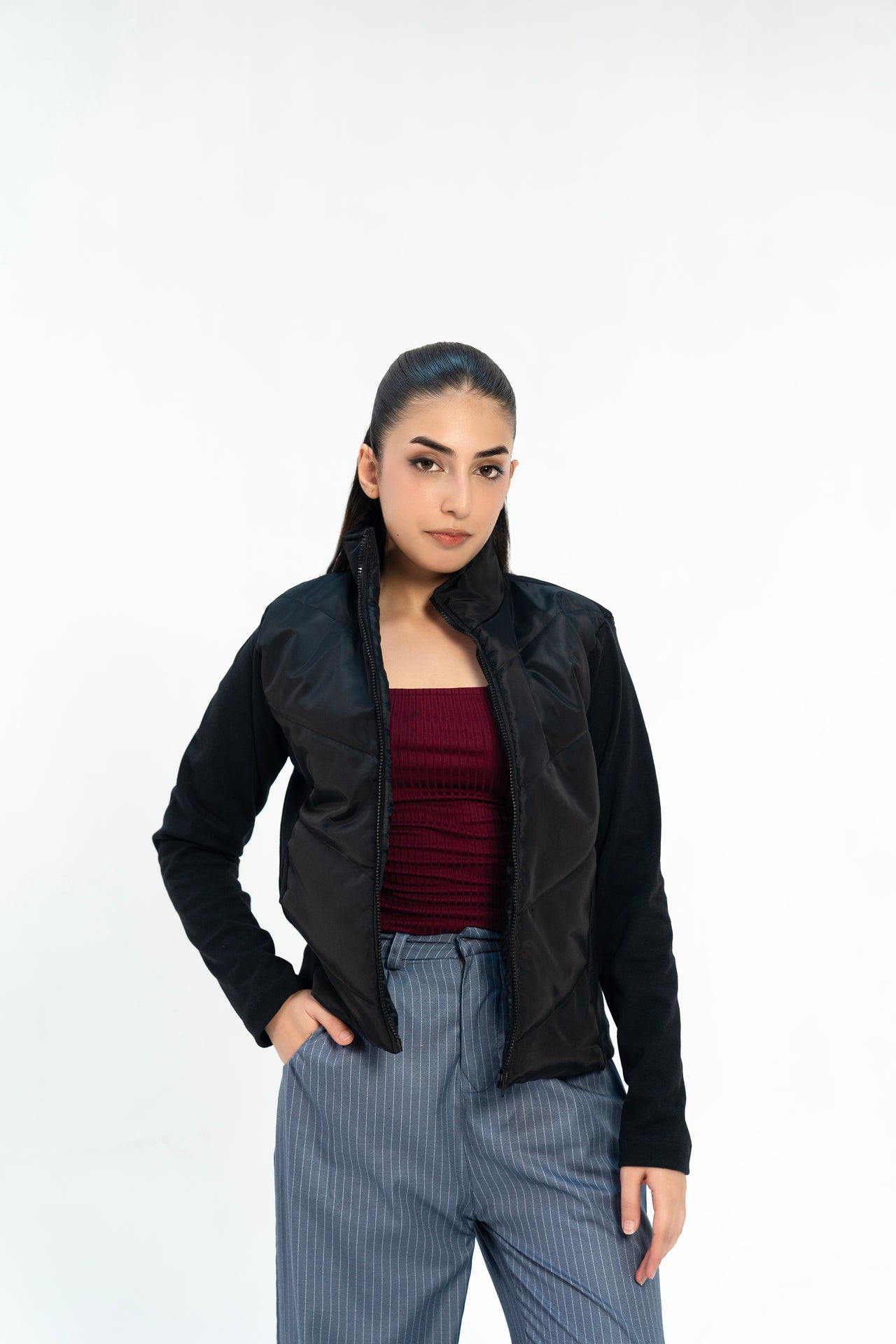 Contrast Puffer Jacket - Black