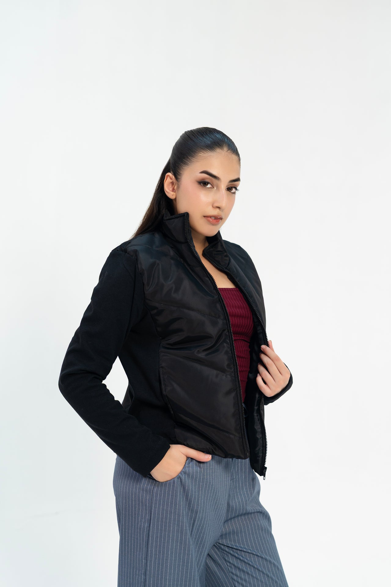 Contrast Puffer Jacket - Black