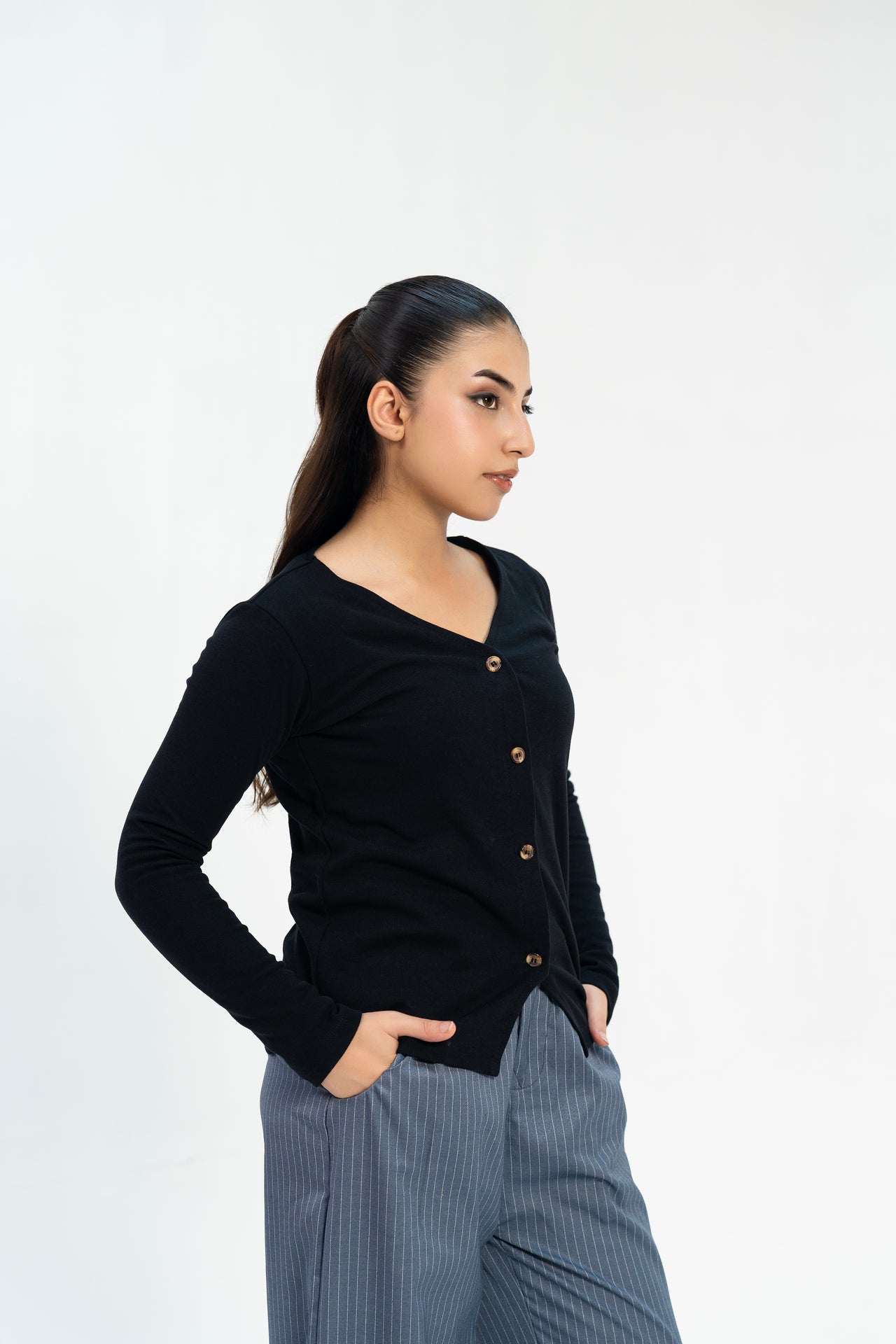 Ribbed V Neck Top - Black