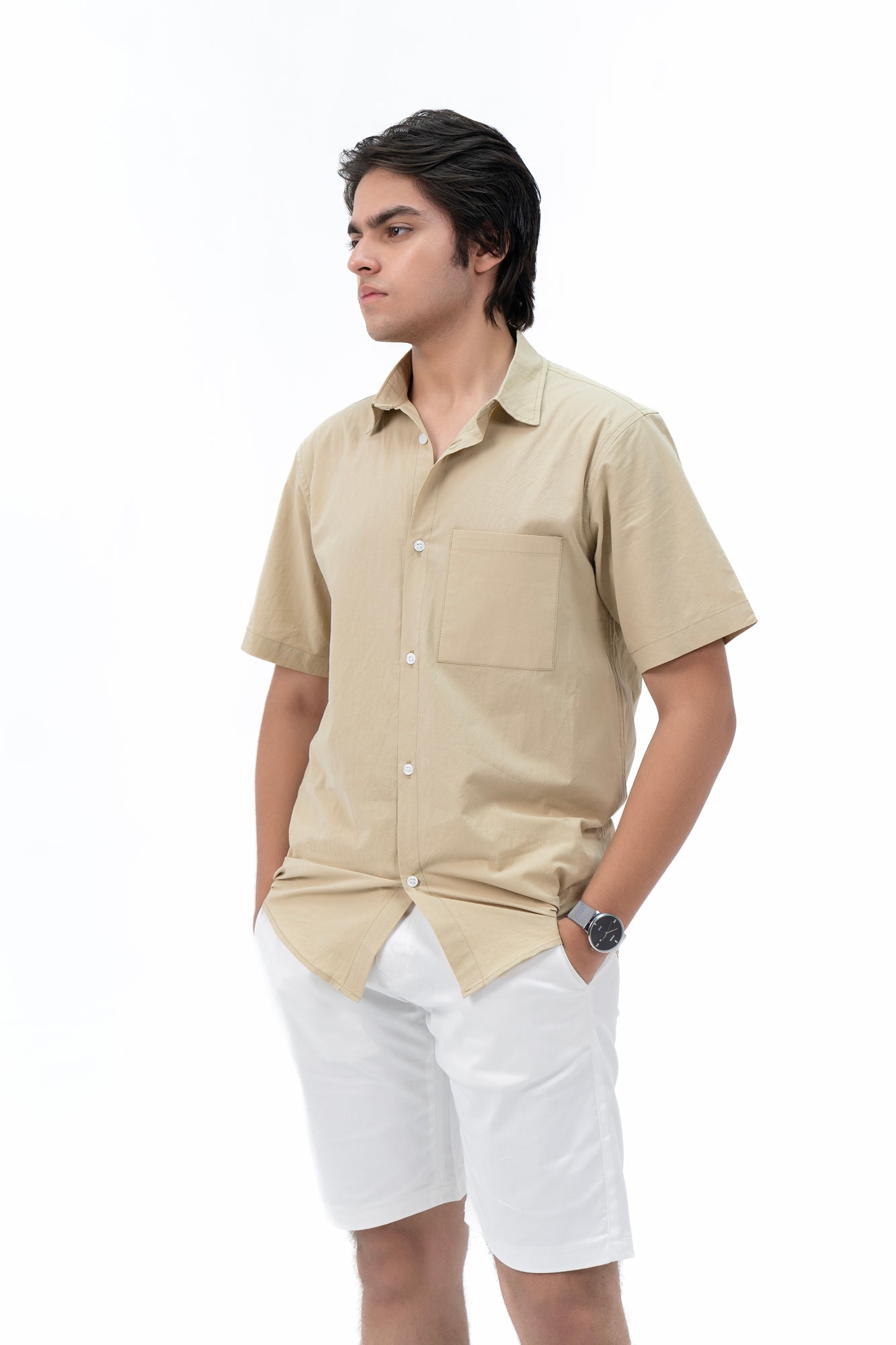 Men's Short Sleeved Curved Hem Shirt - Khaki