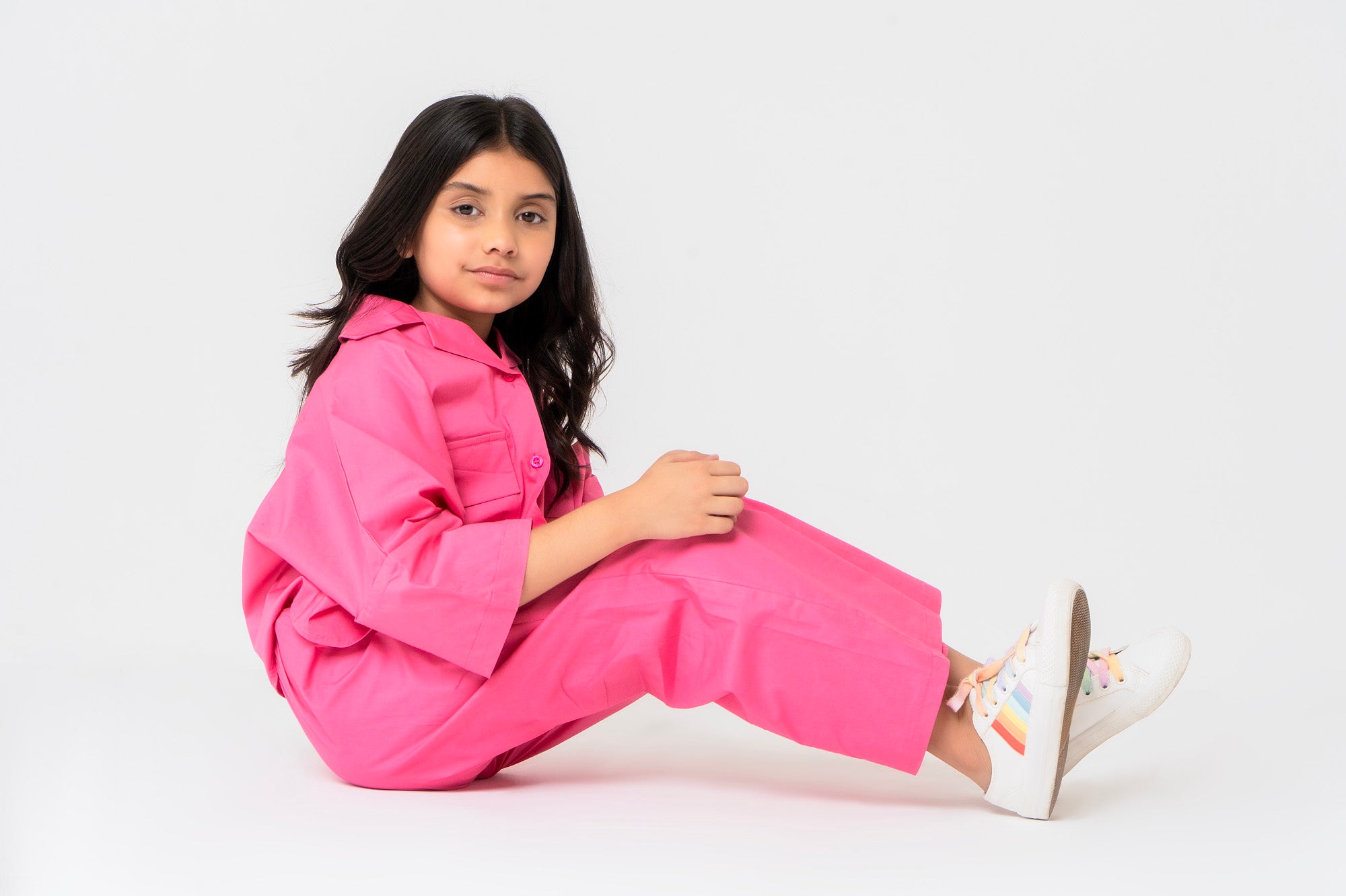 Girls High Waisted Culotte Pant with Pleat - Fuchsia Pink