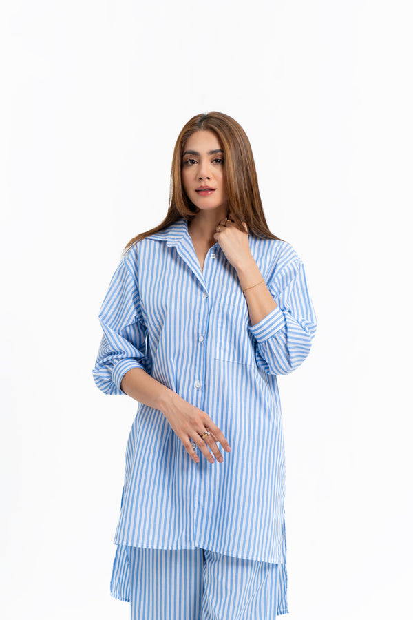 Slit Hem Shirt - Blue White Striped