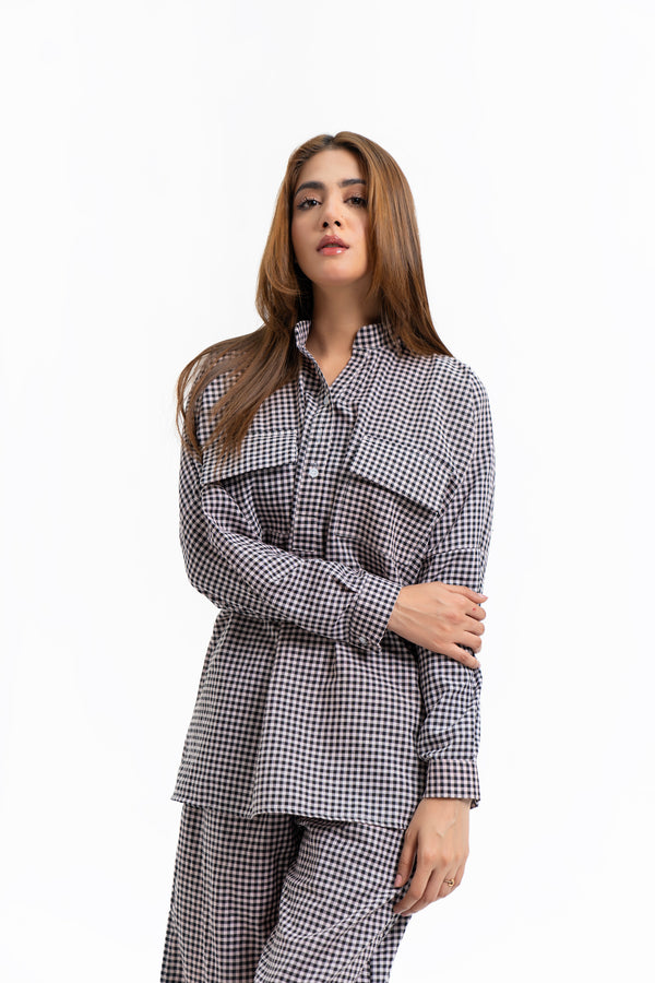 Oversized Patch Pocket Shirt - Black White Micro Gingham Check