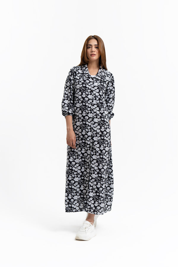 Collared Puff Sleeve Dress - Black White Floral