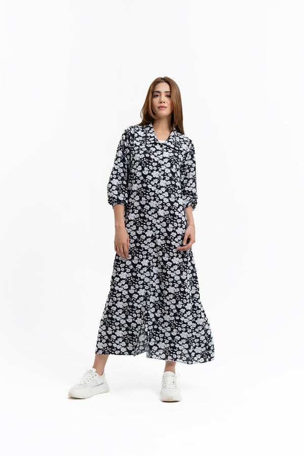 Collared Puff Sleeve Dress - Black White Floral