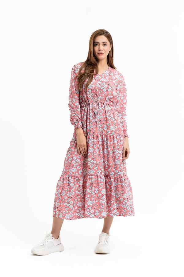 V Neck Dress with Drawcord - Peachy Pink Floral