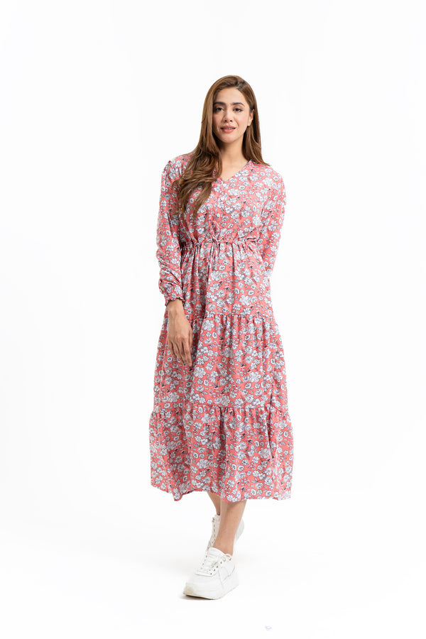 V Neck Dress with Drawcord - Peachy Pink Floral
