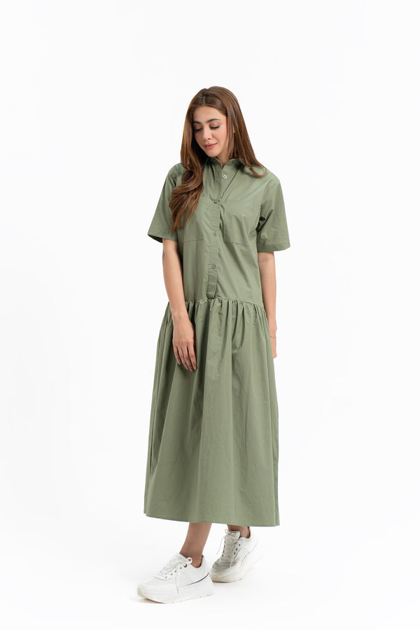Short Sleeve Front Pocket Dress - Sage Green