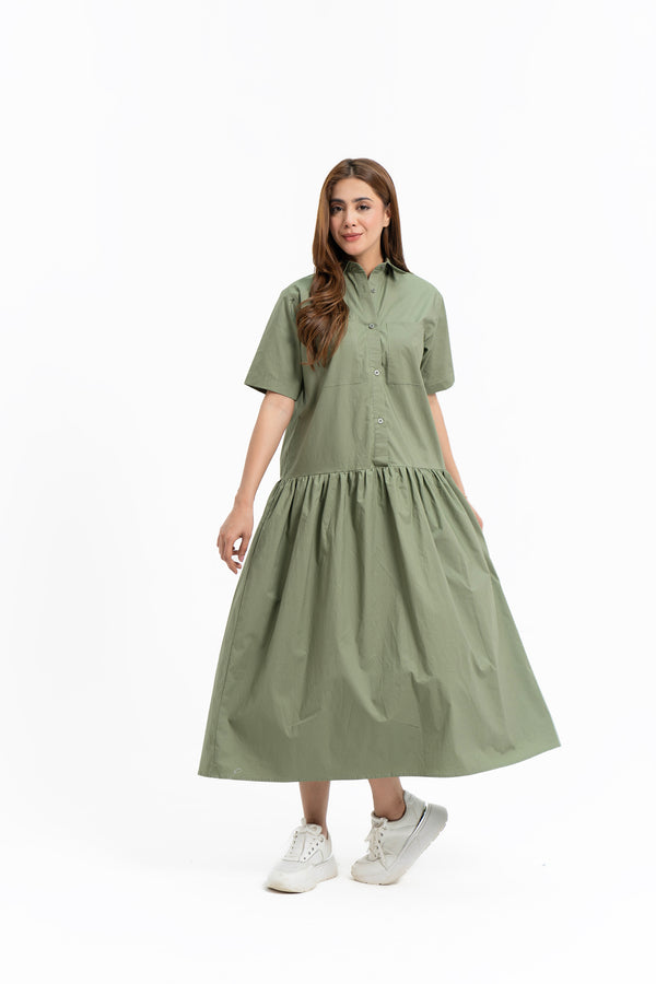 Short Sleeve Front Pocket Dress - Sage Green