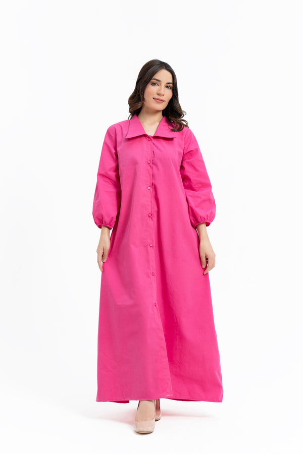 Collared Puff Sleeve Dress - Fuchsia Pink