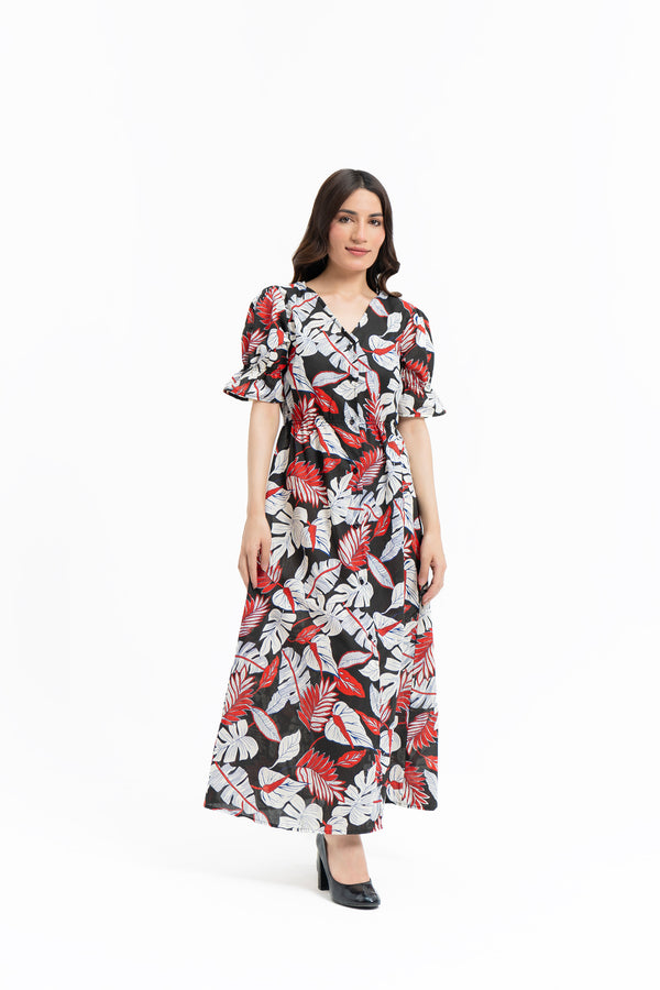 Front Button Maxi Dress - Red Black Printed