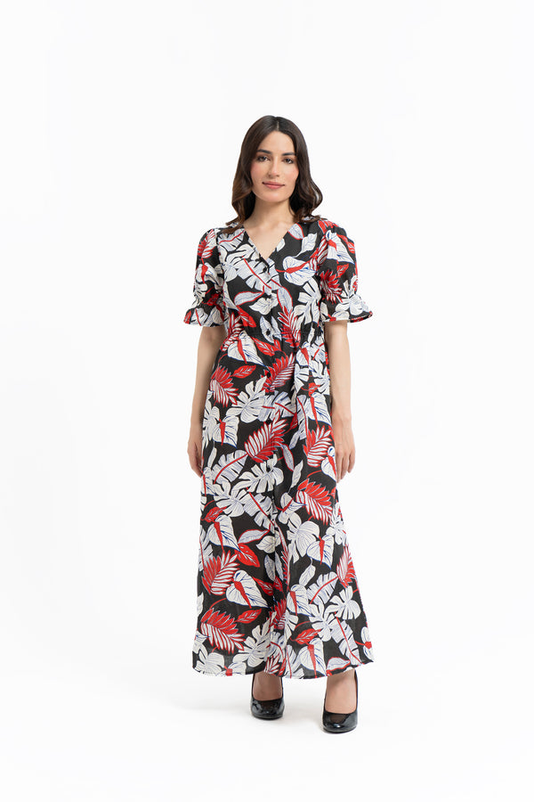 Front Button Maxi Dress - Red Black Printed