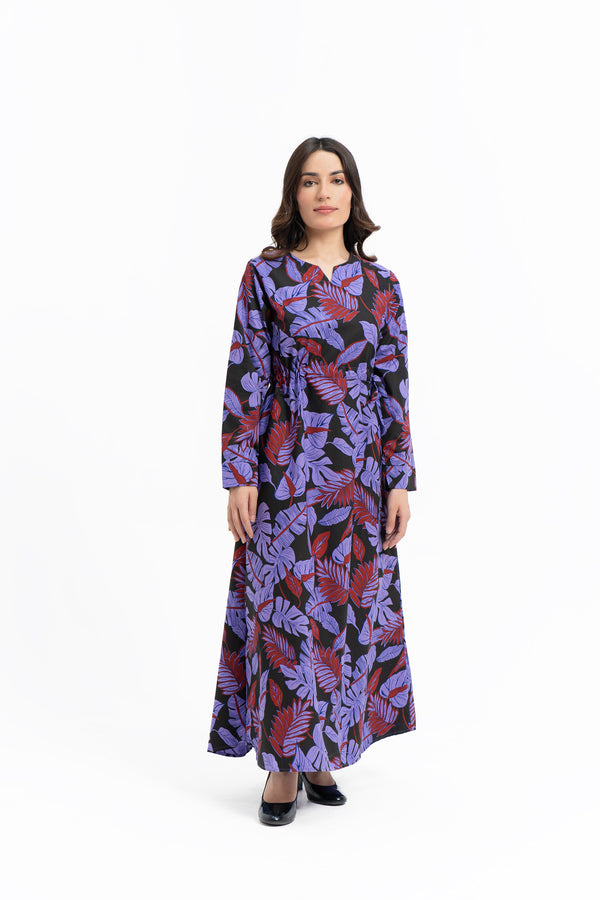 Notch Collar Maxi Dress - Purple Black Printed
