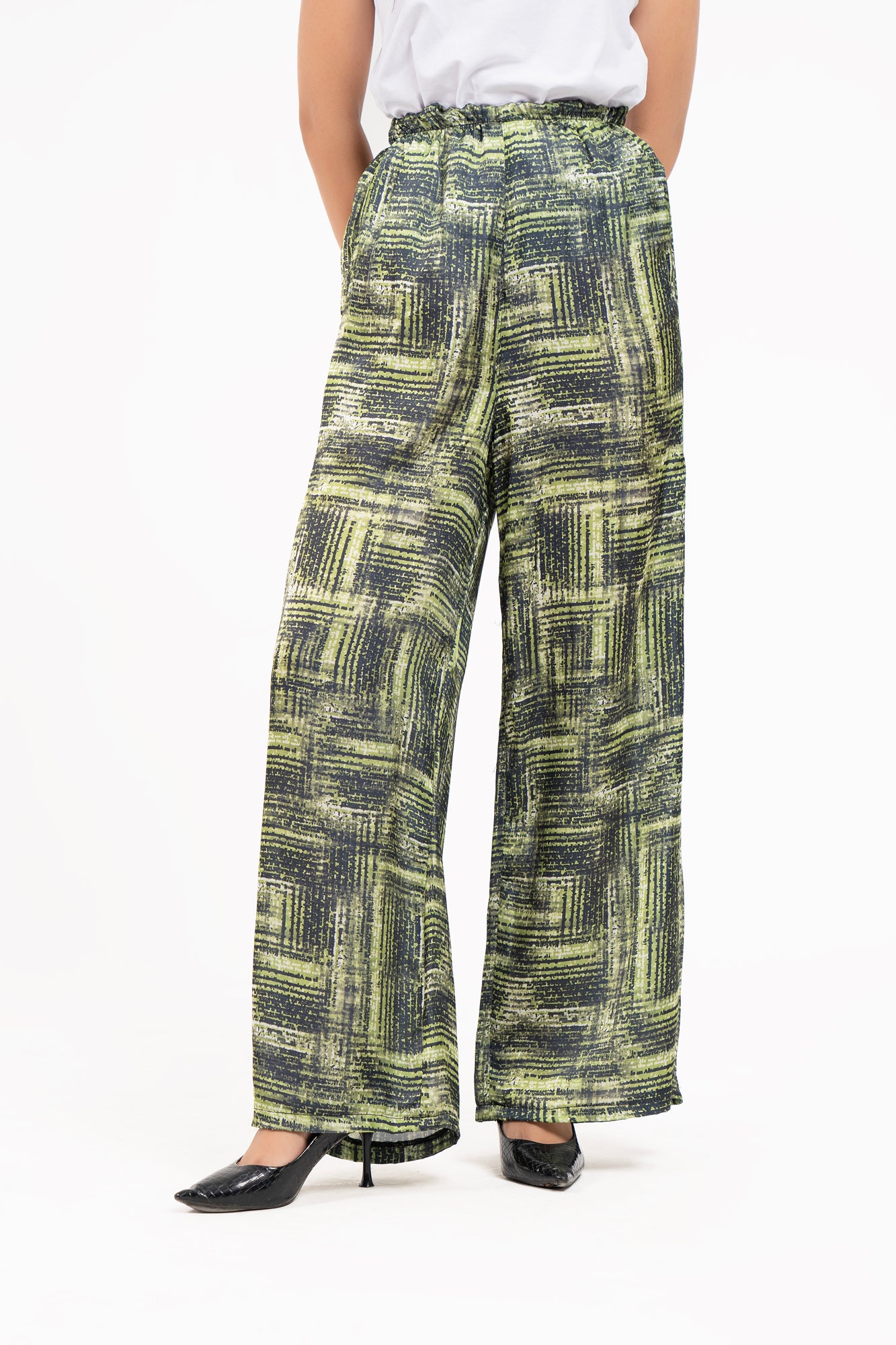 High Waisted Silk Pants - Green & Black Geometric Print