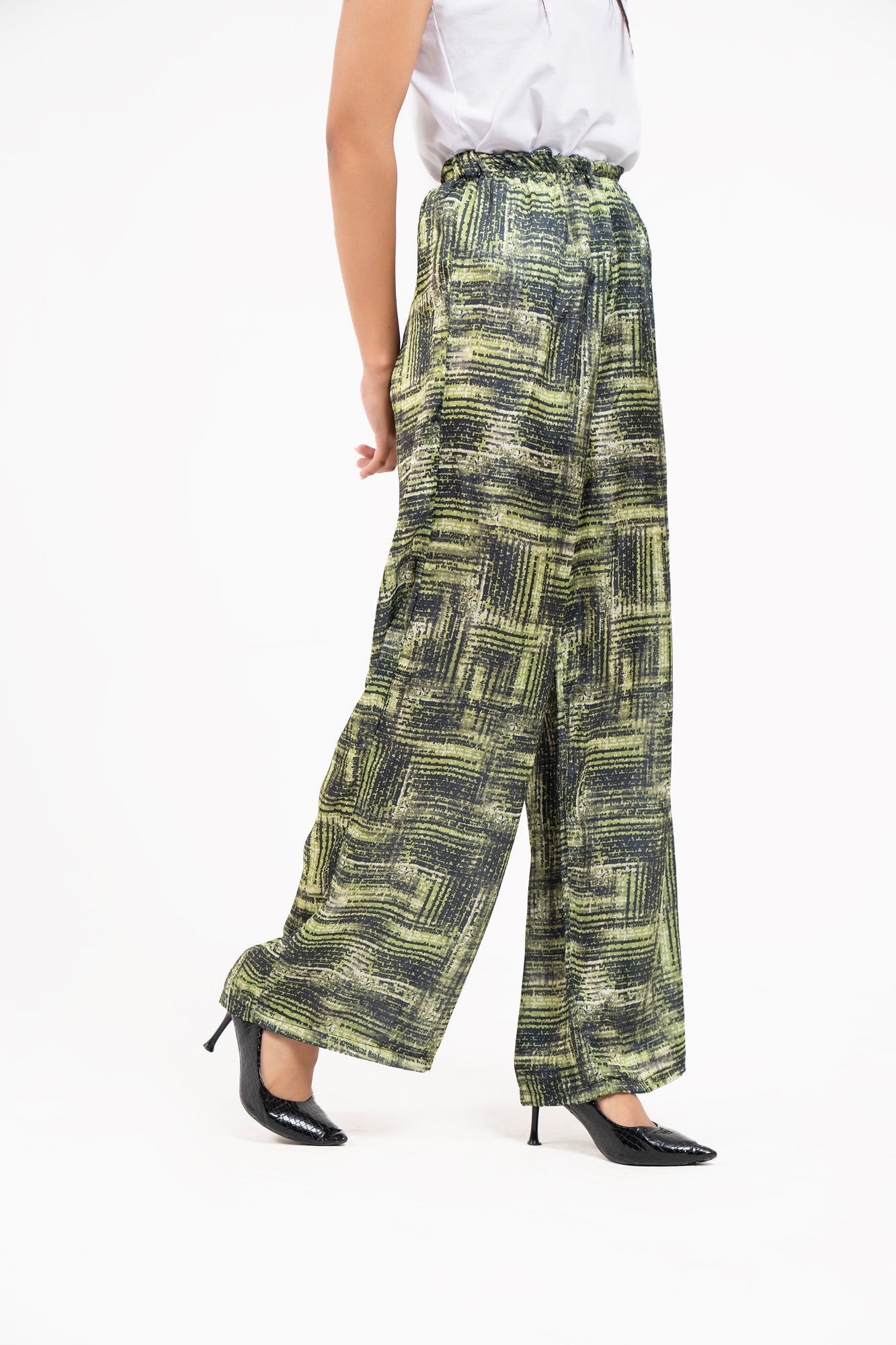 High Waisted Silk Pants - Green & Black Geometric Print