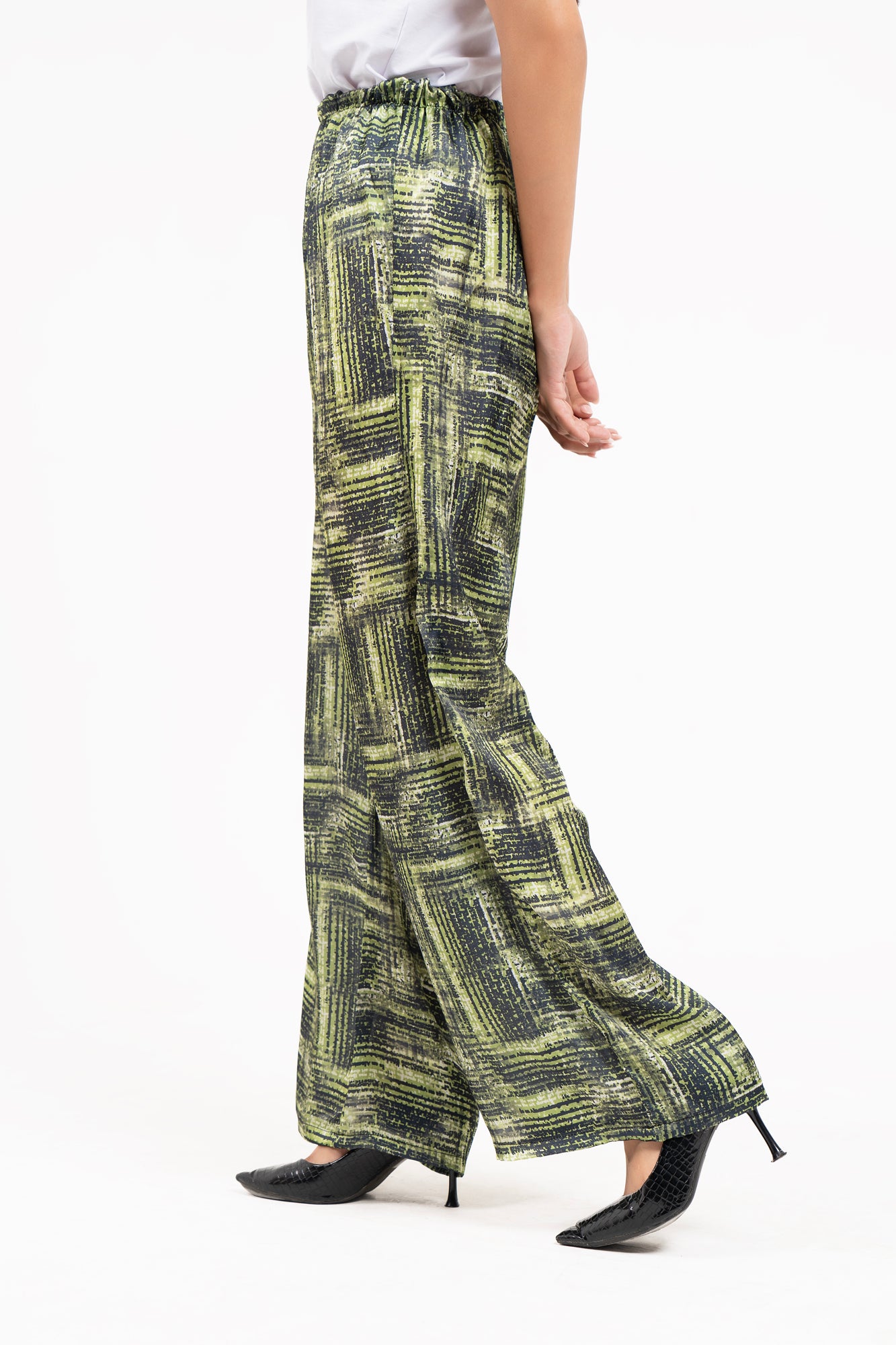 High Waisted Silk Pants - Green & Black Geometric Print