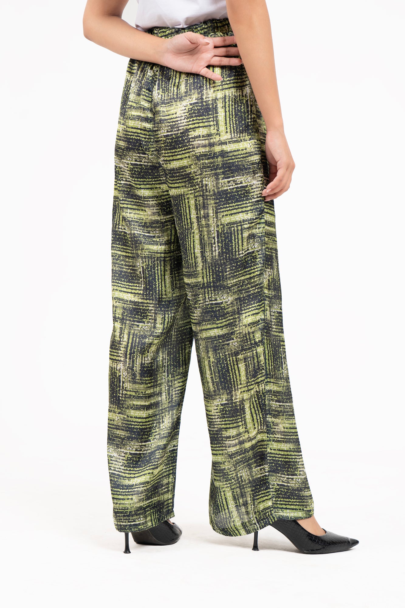 High Waisted Silk Pants - Green & Black Geometric Print
