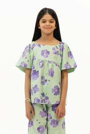 Girls Puff Sleeve Pleated Blouse - Light Green Purple Floral