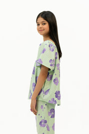 Girls Puff Sleeve Pleated Blouse - Light Green Purple Floral