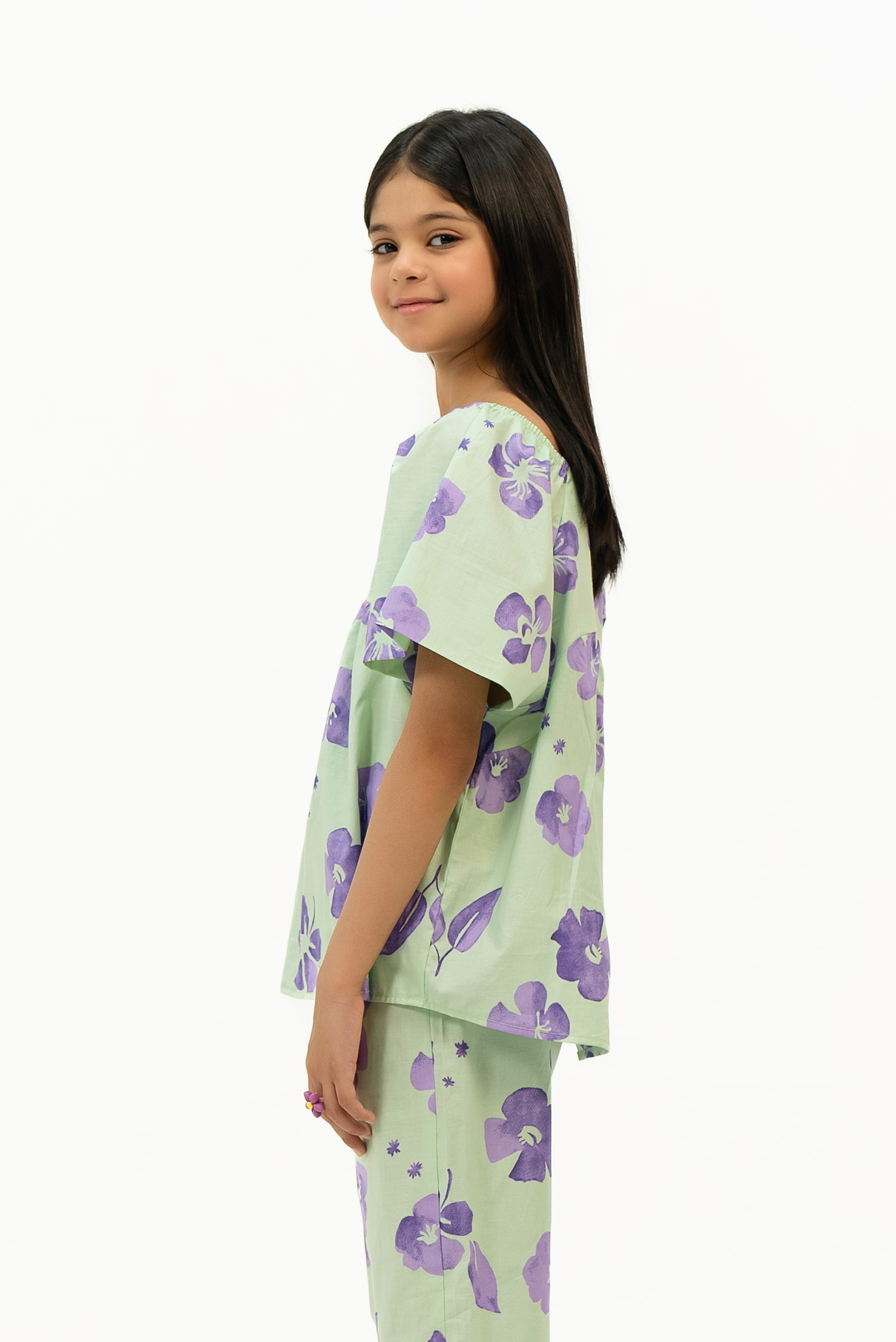Girls Puff Sleeve Pleated Blouse - Light Green Purple Floral