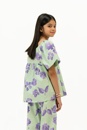 Girls Puff Sleeve Pleated Blouse - Light Green Purple Floral