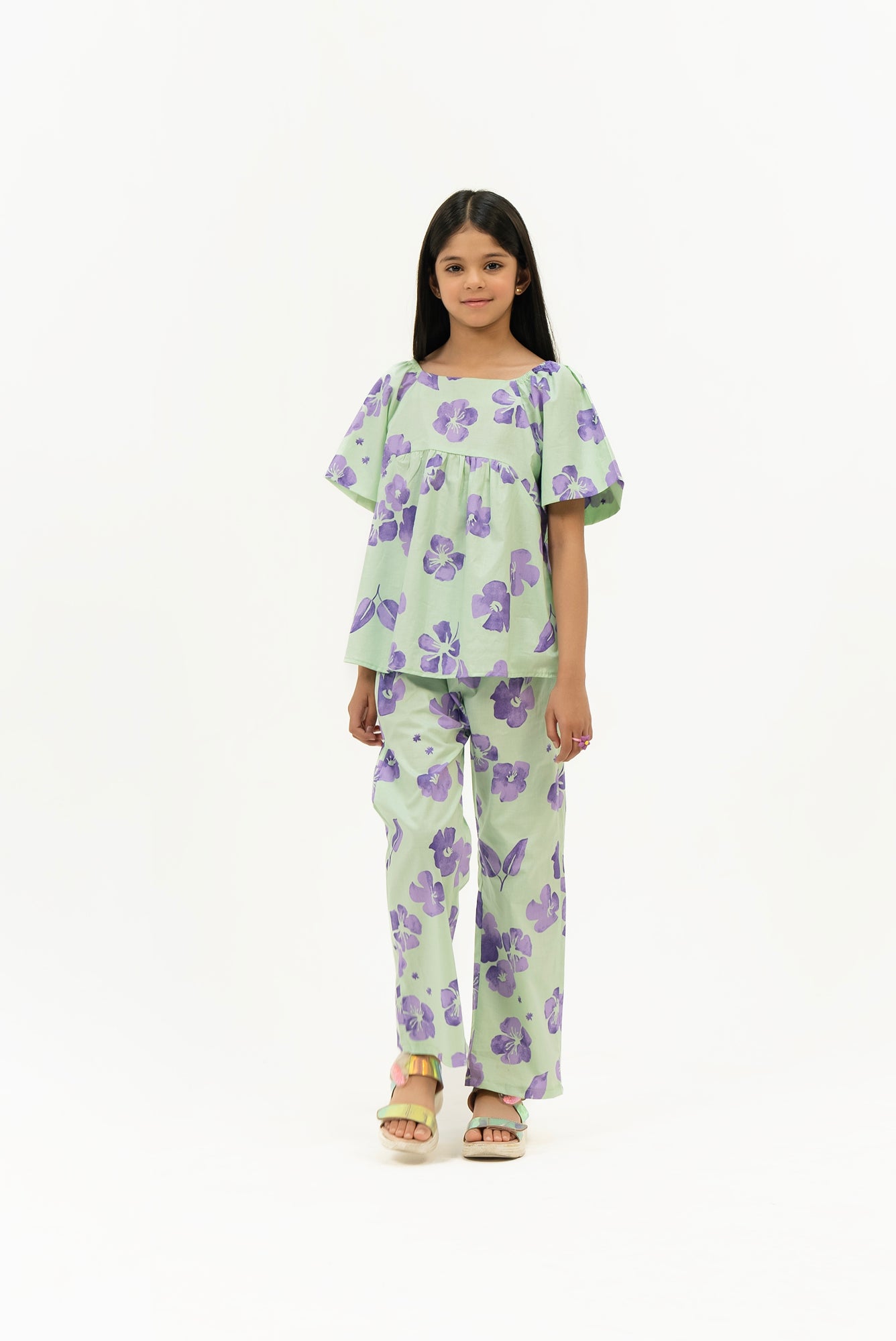 Girls Puff Sleeve Pleated Blouse - Light Green Purple Floral