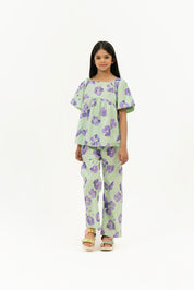 Girls Puff Sleeve Pleated Blouse - Light Green Purple Floral