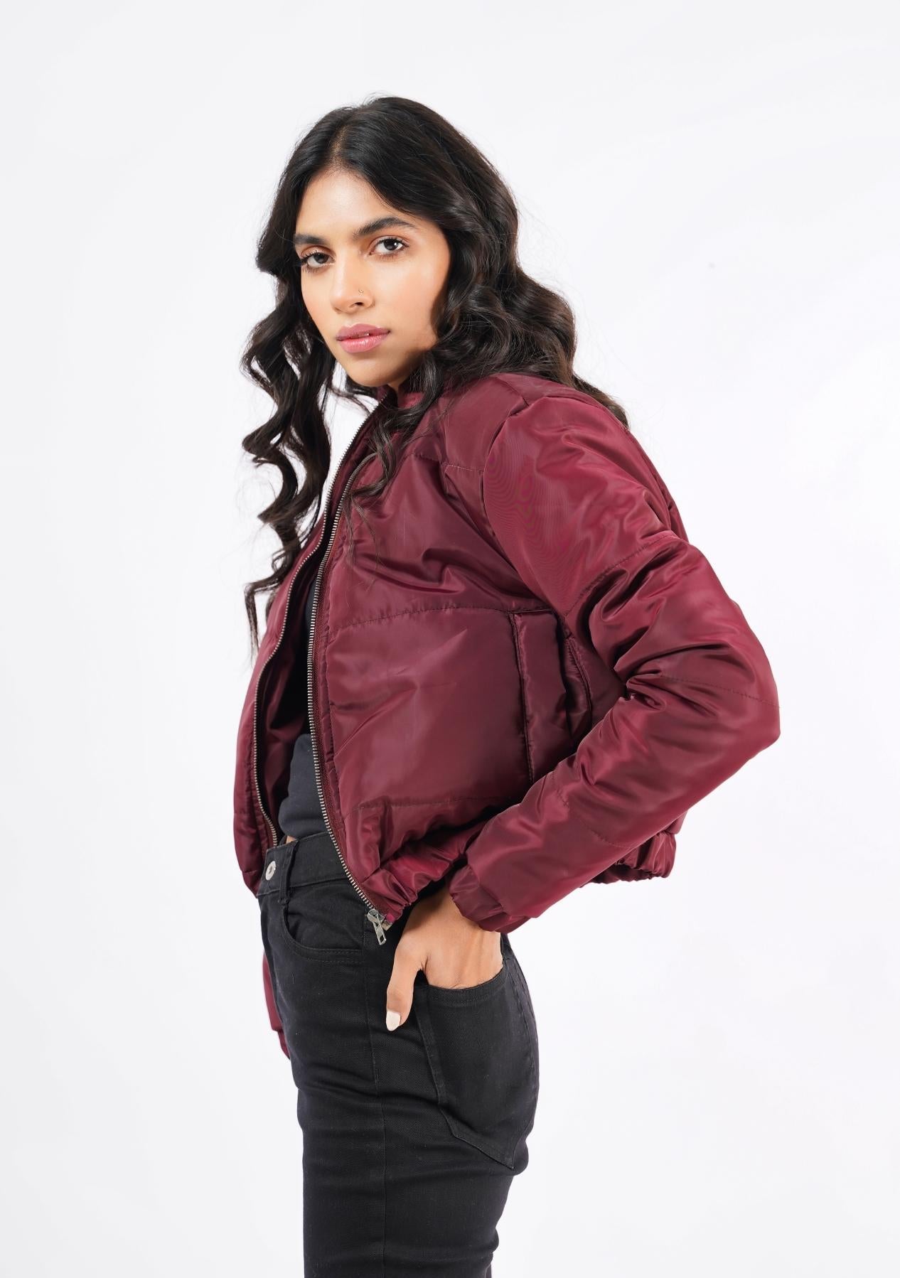 Cropped Puffer Jacket - Maroon
