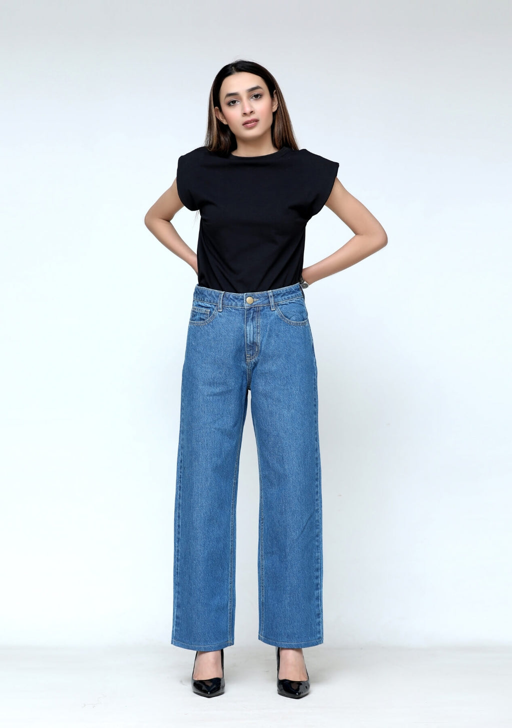 Wide leg jean straight design mid blue