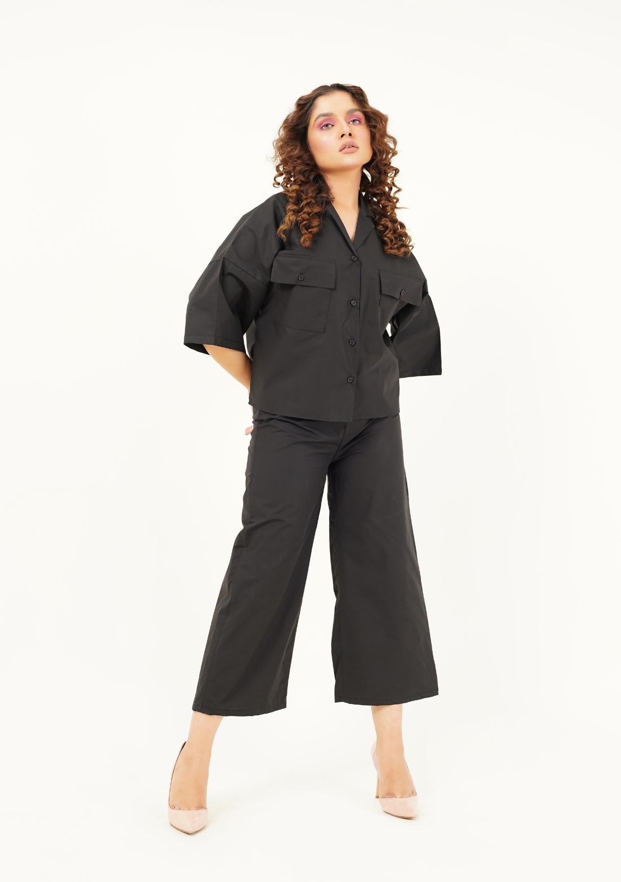 High Waisted Culotte Pant with Pleat - Black