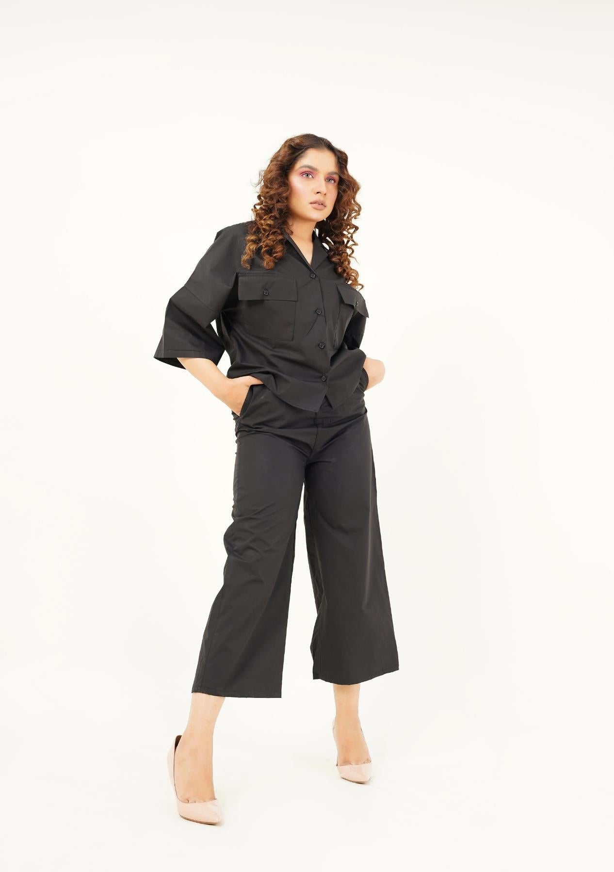 High Waisted Culotte Pant with Pleat - Black
