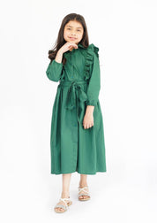 Girls Ruffle Trim Belted Dress - Bottle Green