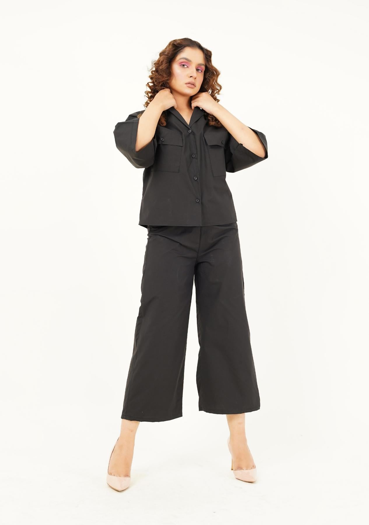 High Waisted Culotte Pant with Pleat - Black
