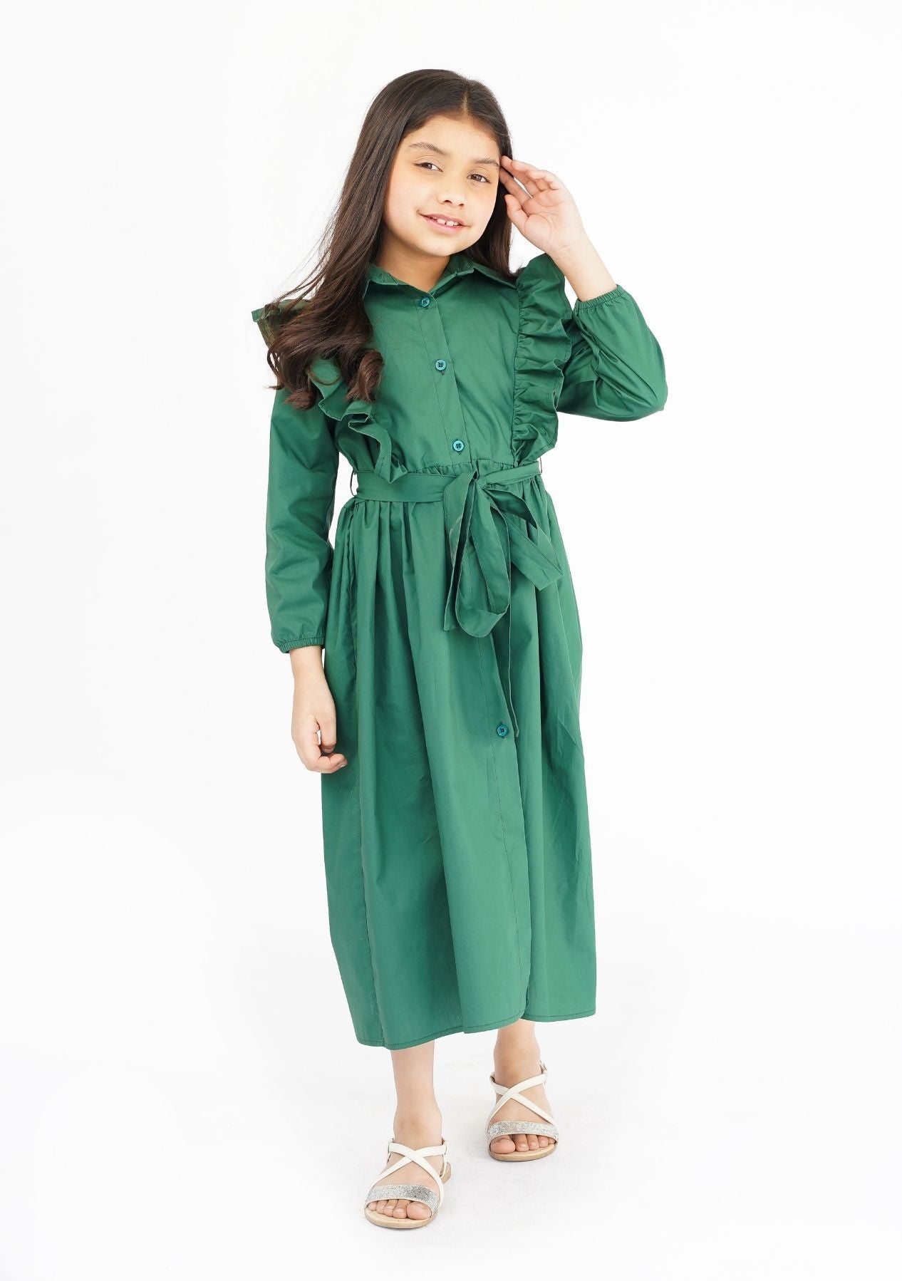 Girls Ruffle Trim Belted Dress - Bottle Green