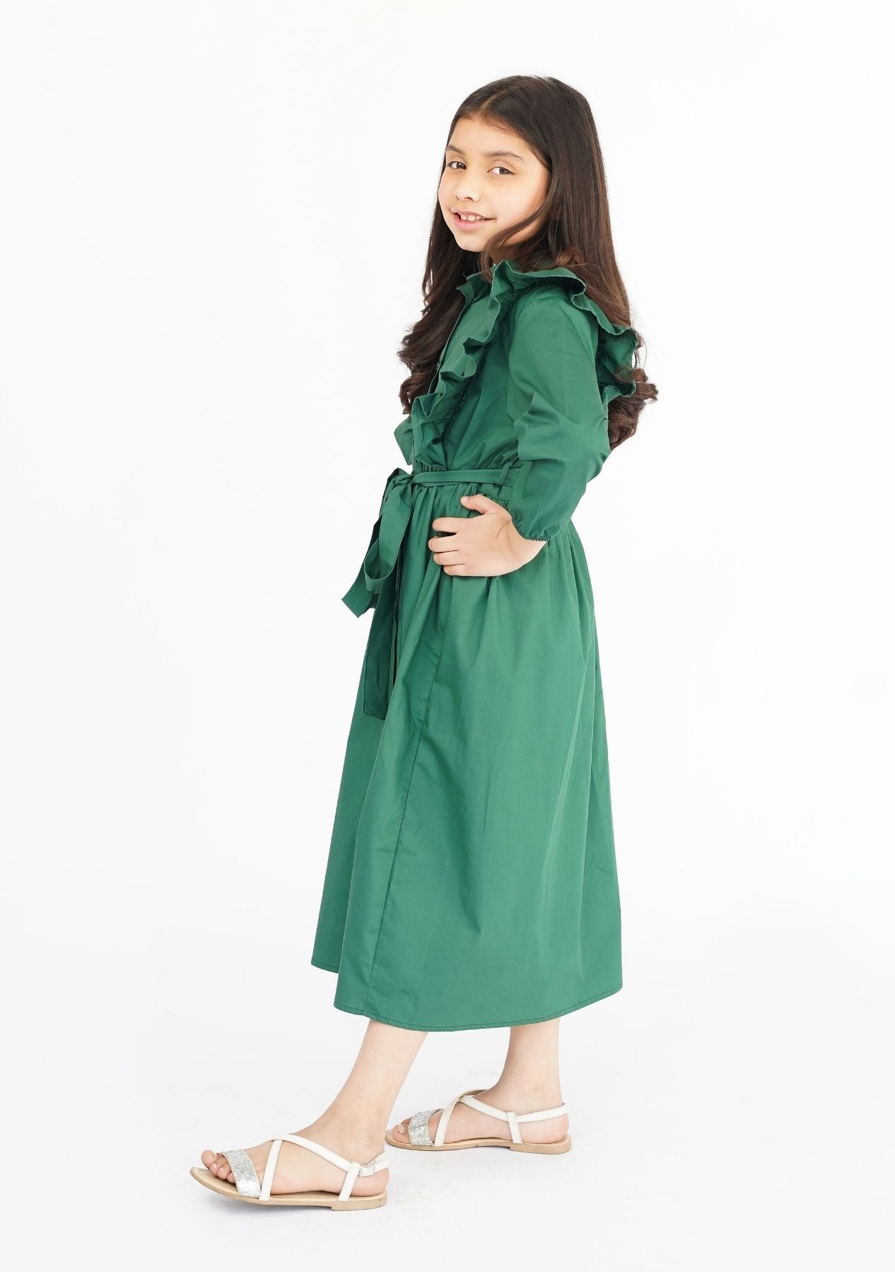 Girls Ruffle Trim Belted Dress - Bottle Green
