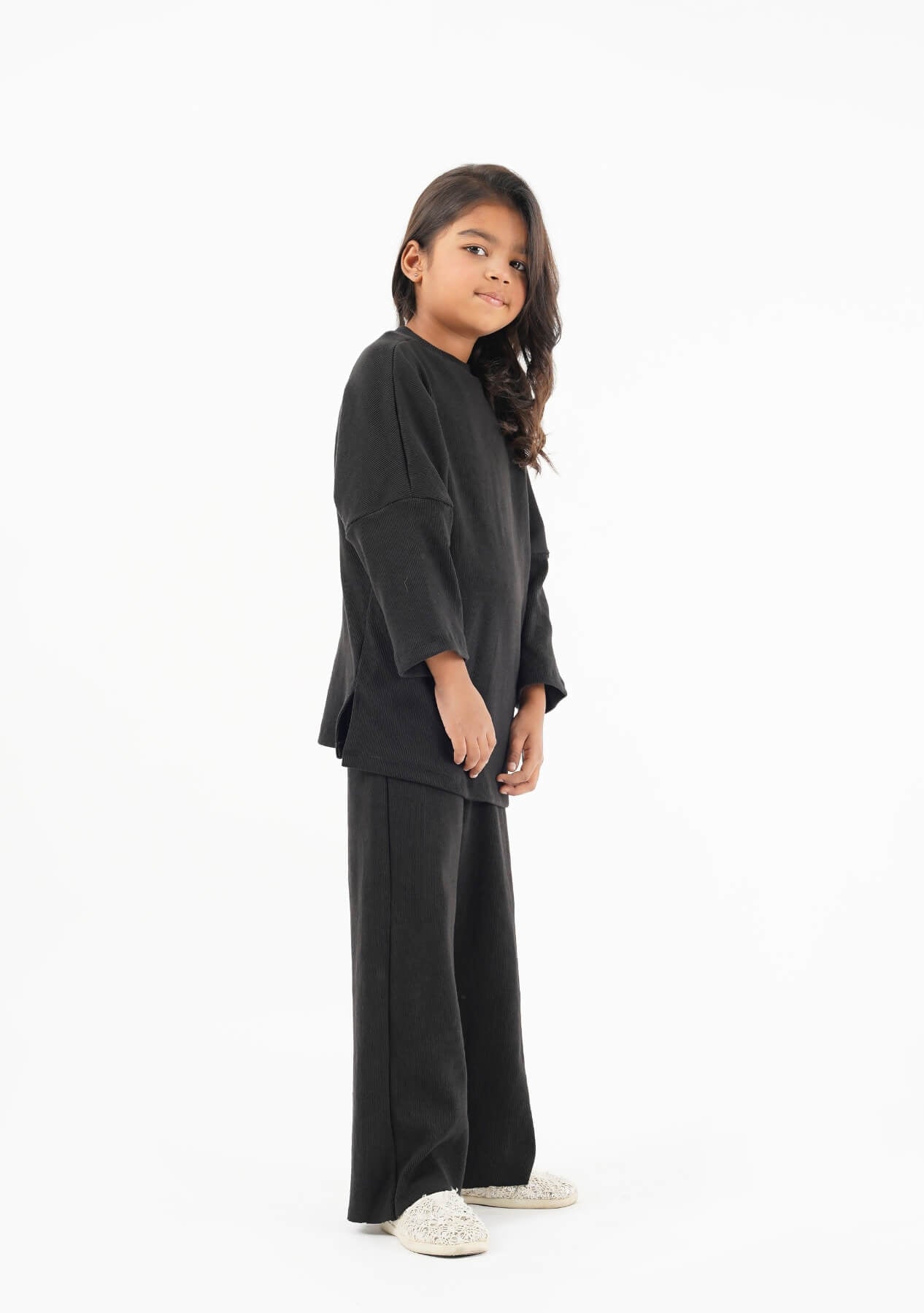 Girls Rib Knit Wide Leg Pant with Pocket - Black