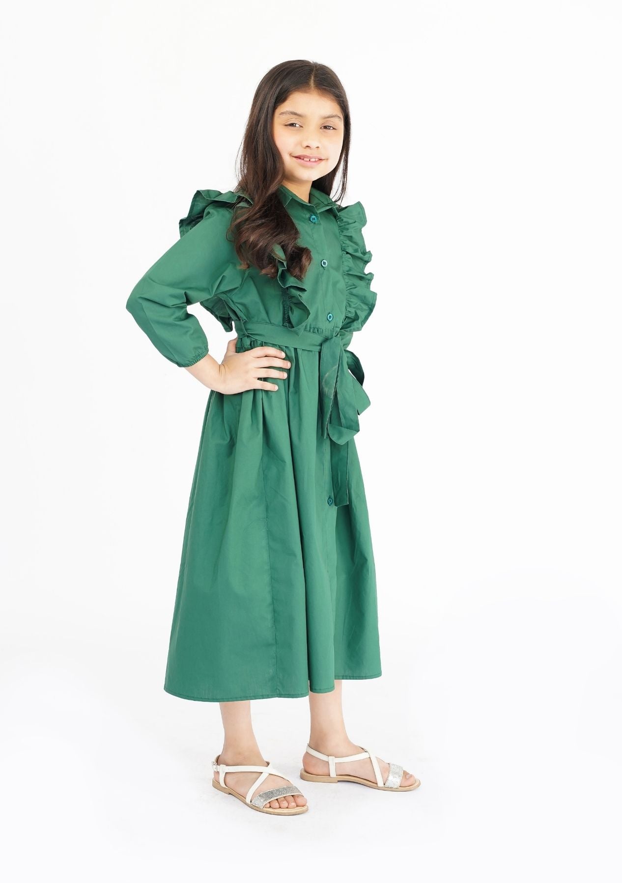 Girls Ruffle Trim Belted Dress - Bottle Green