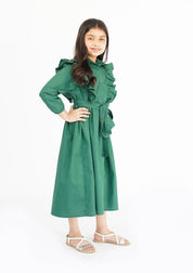 Girls Ruffle Trim Belted Dress - Bottle Green